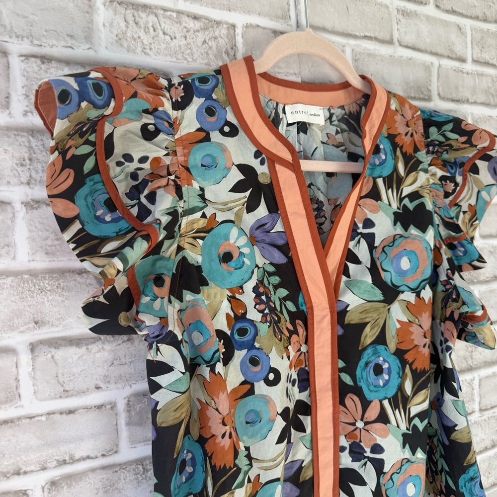 Entro boutique floral flutter sleeve blouse top SzM - Picture 6 of 13